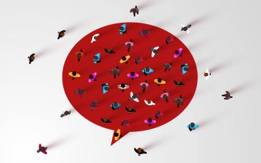 Sohbet baloncuğu sembolü etrafında duran büyük bir grup insan. Üst Manzara. Vektör illüstrasyonu