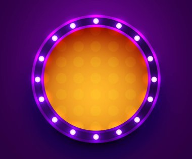 Retro daire ışık işareti. Kenarında lambalar olan tabela. Eski tarz pankart. Vektör illüstrasyonu.