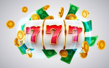 Altın kumar makinesi ikramiyeyi kazandı. 777 Büyük Kazanç konsepti. Kumarhane ikramiyesi. Vektör illüstrasyonu