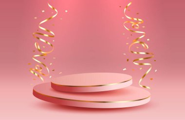 Konfeti ve kurdeleli silindir podyum arka planı. Ürün sunumu, modelleme, ürün, podyum, sahne kaidesi veya platformu. Vektör