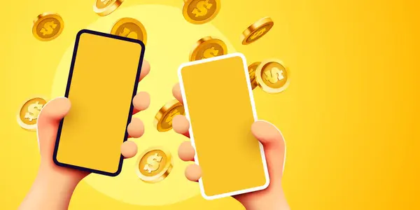 Online Payments Concept Cartoon Hands Phone Coin Business Money Online — Stock Vector