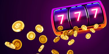 Neon slot makinesi ikramiyeyi kazandı. 777 Büyük Kazanç konsepti. Kumarhane ikramiyesi. Vektör illüstrasyonu