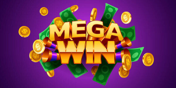 Mega win banner. Sign with golden letters. Online casino. Vector illustration