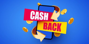 Nakit para etiketli ve uçan paralı akıllı telefon. Parayı geri ver. İnternetten alışveriş. Vektör illüstrasyonu