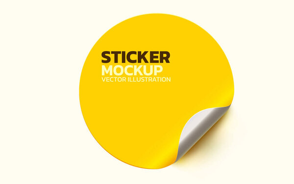Sticker with peel off corner isolated on white background. Vector yellow blank paper banner or circle folded label. Vector illustration