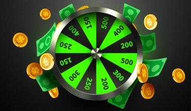 Şans çarkıfeleği ya da şans. Renkli kumar çarkı ve uçan paralar. İnternetteki kumarhane. İnternet kumarhanesi. Vektör illüstrasyonu