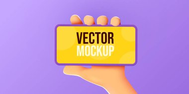 Cep telefonu tutan sevimli çizgi film karakteri. Modern bir model. Vektör illüstrasyonu