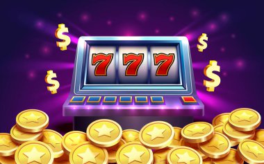 Kumarhane kumar makineleri kazananı, büyük ikramiye talihi, 777 kazanan bayrak. Vektör