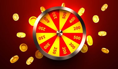 Şans çarkıfeleği ya da şans. Renkli kumar çarkı ve uçan paralar. İnternetteki kumarhane. İnternet kumarhanesi. Vektör illüstrasyonu