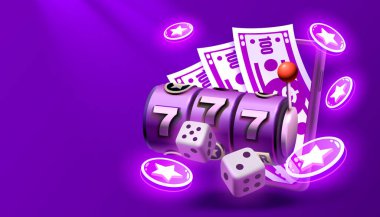 Kumarhane kumar makinesi kazananı, online oyun telefonu, 777 galibiyet bayrağı. Vektör