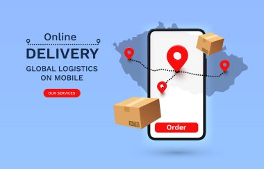Online Delivery global logistics on mobile, delivery within the Czech. Vector