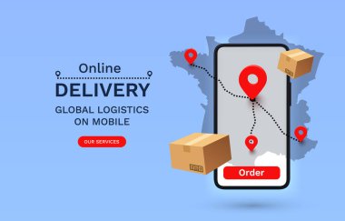 Çevrimiçi dağıtım, mobil lojistik, Fransa 'da dağıtım. Vektör