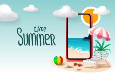 Yaz zamanı afişi, sezon partisi bar uygulaması, tropikal meyveli. Vektör