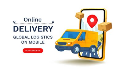 Çevrimiçi Teslimat küresel lojistik, şehir içinde dağıtım. Vektör