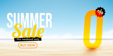 Yüzde sıfır komisyon. İndirimli yaz kompozisyonu. Okyanus sahili. Satış afişi ve poster. Vektör illüstrasyonu.