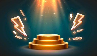 Sahne mega satışı, tehlike podyumu afişi, zafer odası kaidesi. Vektör