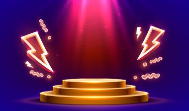 Sahne mega satışı, tehlike podyumu afişi, zafer odası kaidesi. Vektör