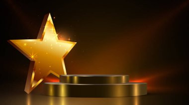 Altın yıldızlı, koyu arkaplanlı bir podyum ödülü. Zaferin, başarının, başarının, kazananın ödülünün vektör altın sembolü. Vektör illüstrasyonu