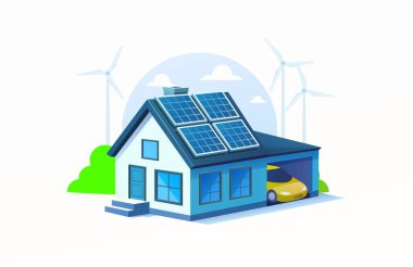 Güneş paneli elektrik üretimi, doğa ekolojisi, yeşil enerji. vektör