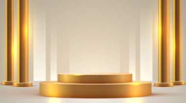 Soyut podyum sahnesi arka planı. Ürün sunumu, modelleme, kozmetik ürünler. Sahne kaidesi ya da platformu. Vektör illüstrasyonu