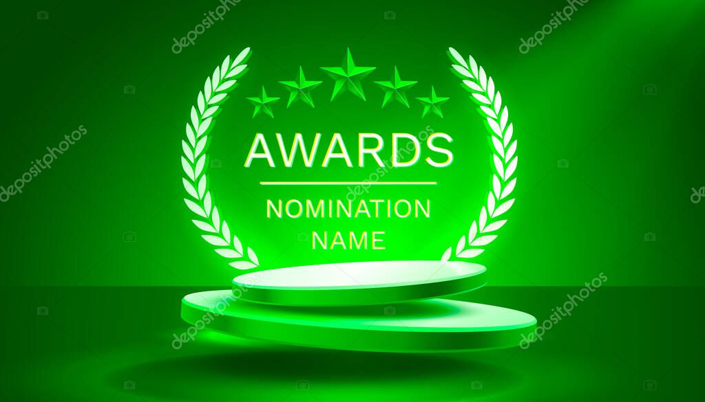 Awards nomination name podium, neon prize event, scene star ceremony. Vector