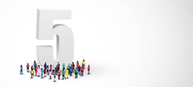 Large group of people stands around the number 5. Vector illustration clipart