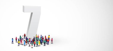 7 numaranın etrafında geniş bir grup insan duruyor. Vektör illüstrasyonu