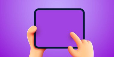 3D Hand ipad ya da tablet bilgisayarı tutuyor. Ipad modeli. Düzenlenebilir şablon. Parmaklarınla ekrana dokun. Vektör illüstrasyonu 