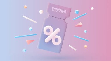 3 boyutlu mor kupon. Kuponlu ya da kuponlu özel hediye, yüzde indirimli. Vektör illüstrasyonu