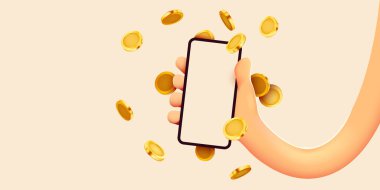 Çizgi film 3 boyutlu el, telefon ve para, iş ve para ile çevrimiçi ödeme kavramı. Çevrimiçi kazanç. Vektör illüstrasyonu