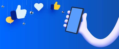 İçinde bilgilendirme simgeleri olan cep telefonu tutan sevimli bir çizgi film karakteri. Sosyal medya ve pazarlama kavramı. Vektör illüstrasyonu