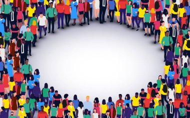 Beyaz arka planda daire şeklinde geniş bir grup insan. İnsanlar kalabalık konsept. Vektör illüstrasyonu