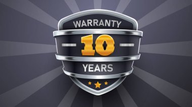 10 Yıl Garanti. Garanti belgesi. Metal kalkan amblemi. Vektör İllüstrasyonu.