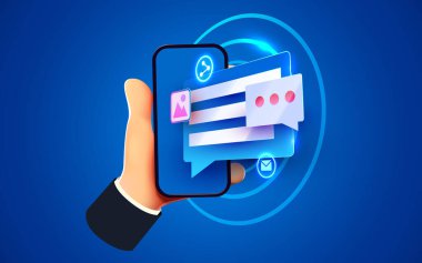 Mesajlarla el ele tutuşarak. İletişim ve sosyal ağ konsepti. Web siteleri ve pankart tasarımı için vektör illüstrasyonu