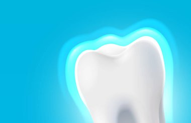 Diş beyazı, mavi arka planda üç boyutlu diş çizimi. Vektör