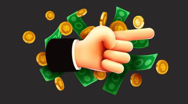 İşadamı el işaretleriyle yönü gösteriyor. Çizgi film 3D tarzı. Bozuk para ve banknotlar. Vektör illüstrasyonu.