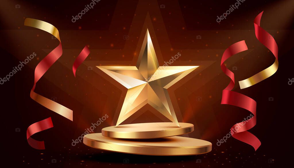 Awards nomination name podium, golden prize event, scene star ceremony. Vector illustration