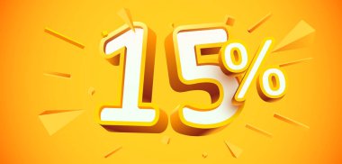 Yüzde 15 indirim. 3D numara 15. Satış afişi. Vektör illüstrasyonu.