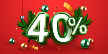 Yüzde 40 indirimli. Yaratıcı kompozisyon indirimi. Mutlu Noeller ve mutlu yıllar. Satış afişi ve poster. Vektör illüstrasyonu.