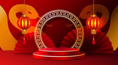 Çin Yeni Yıl Festivali posteri, hafif element dekoratif sahne, podyum süsü. Vektör illüstrasyonu