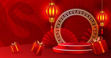 Çin Yeni Yıl Festivali posteri, hafif element dekoratif sahne, podyum süsü. Vektör illüstrasyonu