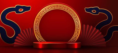 Çin Yeni Yıl 2025 tebrik kartı, altın ve podyumlu pankart. Çin geleneksel kapı ve el vantilatörleri. Mutlu Çin Yeni Yılı. Vektör illüstrasyonu