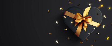 İpek altın fiyonklu romantik hediye kutusu. Sevgililer Günü afişi. Klasik kalp şekilli hediye paketi. Vektör illüstrasyonu