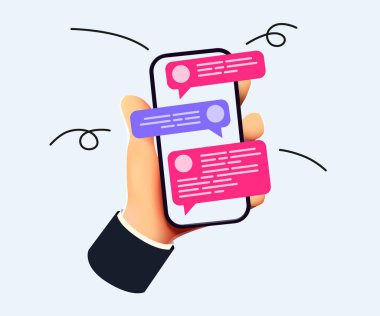 Mesajlarla el ele tutuşarak. İletişim ve sosyal ağ konsepti. Web siteleri ve pankart tasarımı için vektör illüstrasyonu