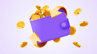 Uçan paralar ve oklarla dolu gerçekçi bir cüzdan. Vektör illüstrasyonu