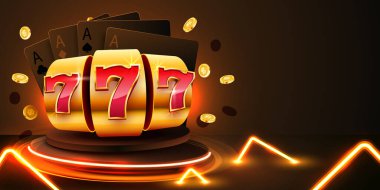 Altın kumar makinesi ikramiyeyi kazandı. 777 Büyük Kazanç konsepti. Kumarhane ikramiyesi. Vektör illüstrasyonu