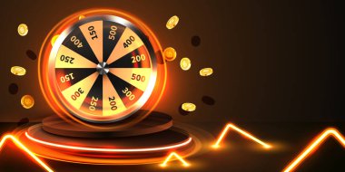 Şans çarkıfeleği ya da şans. Renkli kumar çarkı ve uçan paralar. İnternetteki kumarhane. İnternet kumarhanesi. Vektör illüstrasyonu