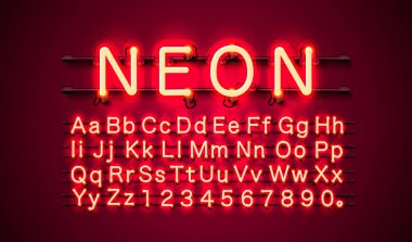Neon şehir kırmızı renk yazı tipi. İngilizce alfabe ve sayı işareti. Vektör çizim