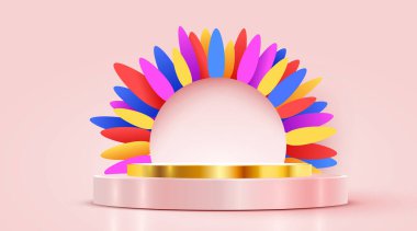 Ürün tanıtımı için kadınlar günü afişi. Pembe kaide ya da kürsüde pembe arka planda çiçek numarası var. Vektör illüstrasyonu