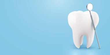 Mavi arka planda ayna olan diş. Dişçi konsepti. Vektör illüstrasyonu